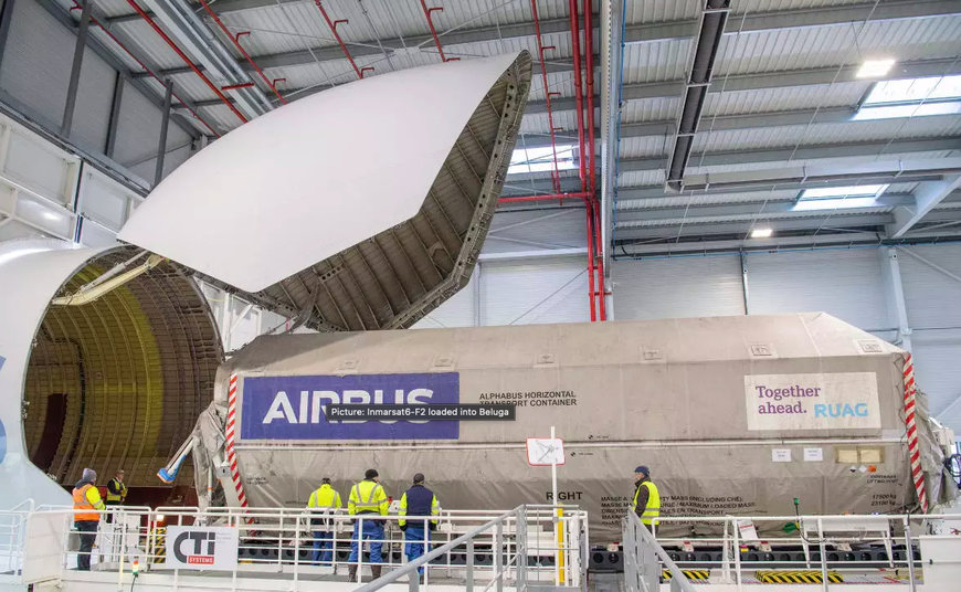 Airbus built Inmarsat-6 F2 satellite arrives on board an Airbus Beluga in Florida for launch